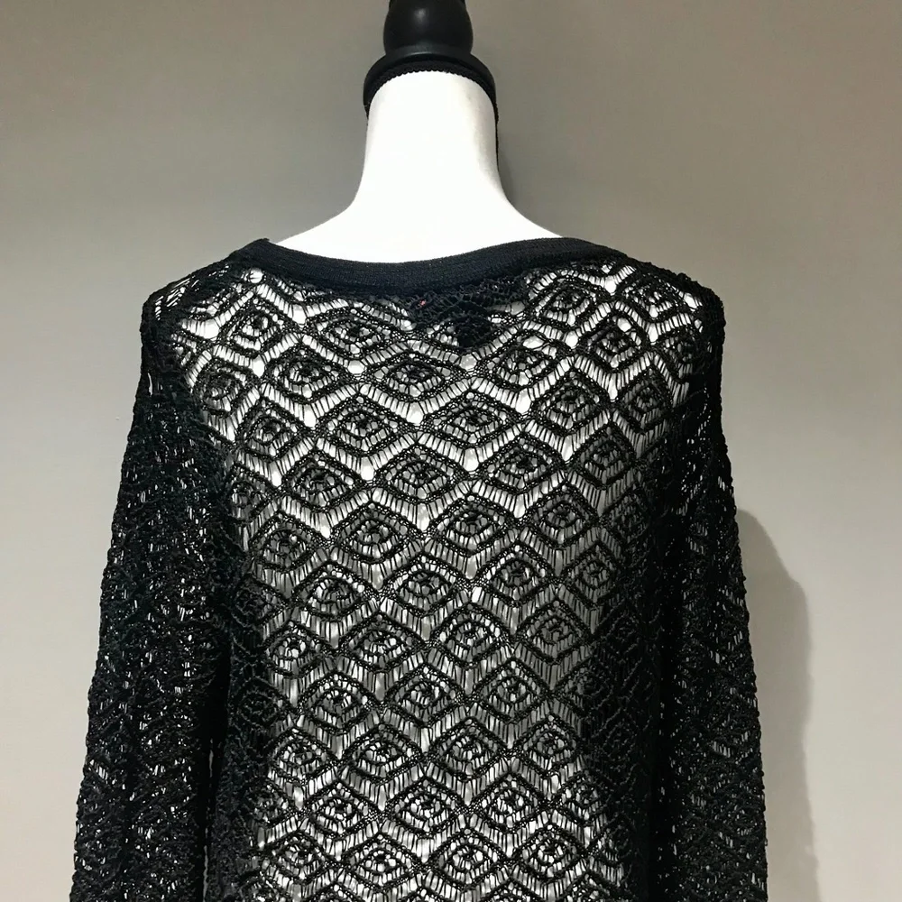 Colleen Lopez Black Sheer Lace Crochet Fringe Tunic Cover Up Top Size Large